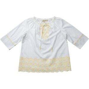 INC Tunic Blouse Women 8 White Yellow Excellent Eyelet Lace Up Boho Cotton